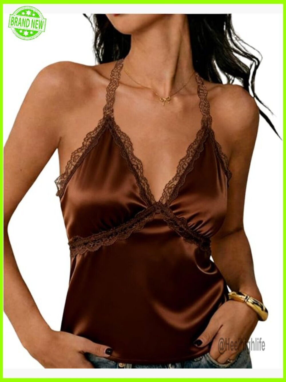 Y2K Lace Trim Halter Crop Tank Top Satin Camisole V Neck Sleeveless